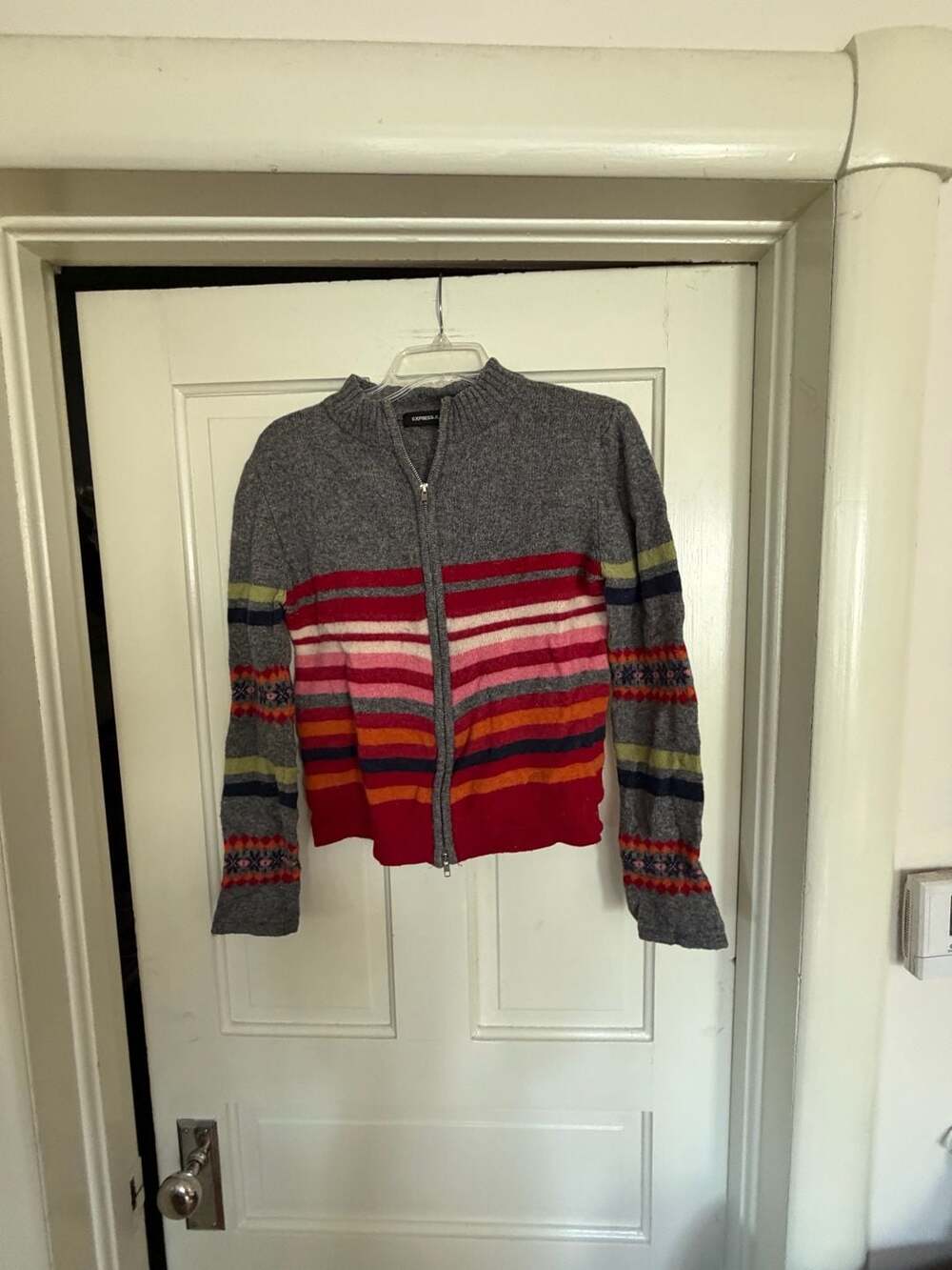Express Jeans Women's Striped Lambswool Zip-Up Knit Sweater